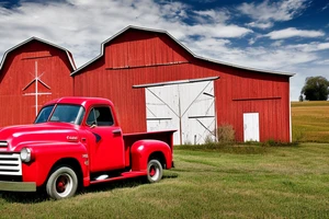 a rustic red and white 1953 GMC farm
truck and a tractor with an old red barn in the background tattoo idea