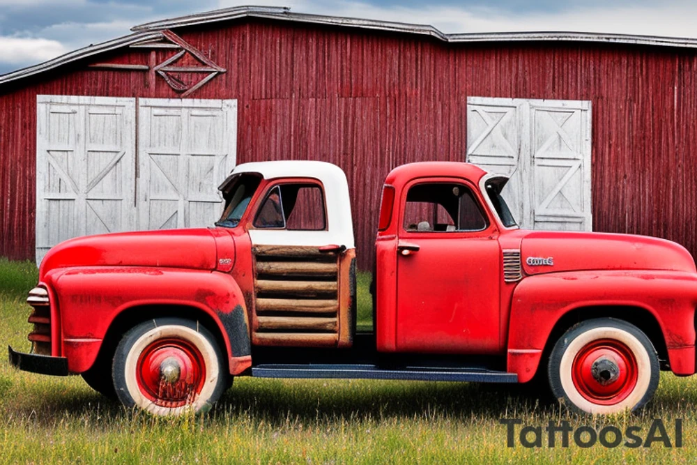 a rustic red and white 1953 GMC farm
truck and a tractor with an old red barn in the background tattoo idea