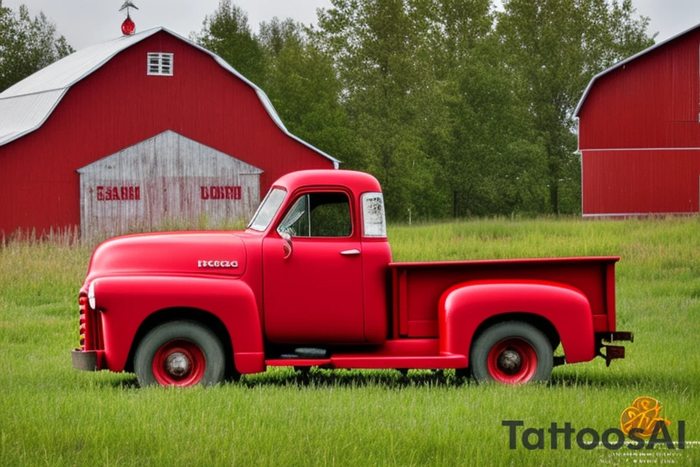 a rustic red and white 1953 GMC farm
truck and a tractor with an old red barn in the background tattoo idea