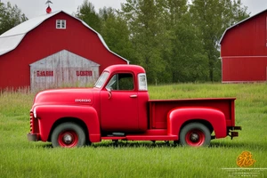 a rustic red and white 1953 GMC farm
truck and a tractor with an old red barn in the background tattoo idea
