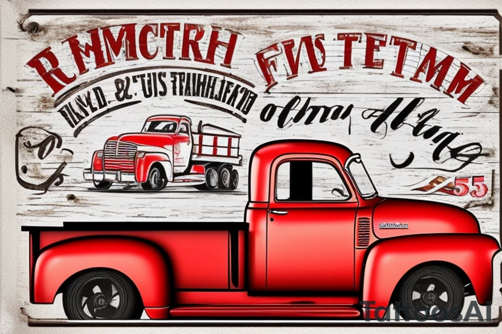 a rustic red and white 1953 GMC farm
truck and a tractor with an old red barn in the background tattoo idea