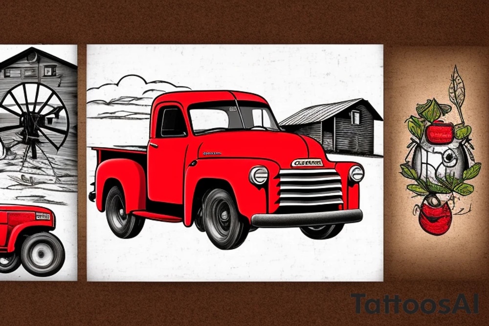 a rustic red and white 1953 GMC farm
truck and a tractor with an old red barn in the background tattoo idea