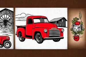 a rustic red and white 1953 GMC farm
truck and a tractor with an old red barn in the background tattoo idea