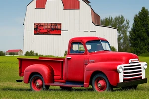 a rustic red and white 1953 GMC farm
truck and a tractor with an old red barn in the background tattoo idea