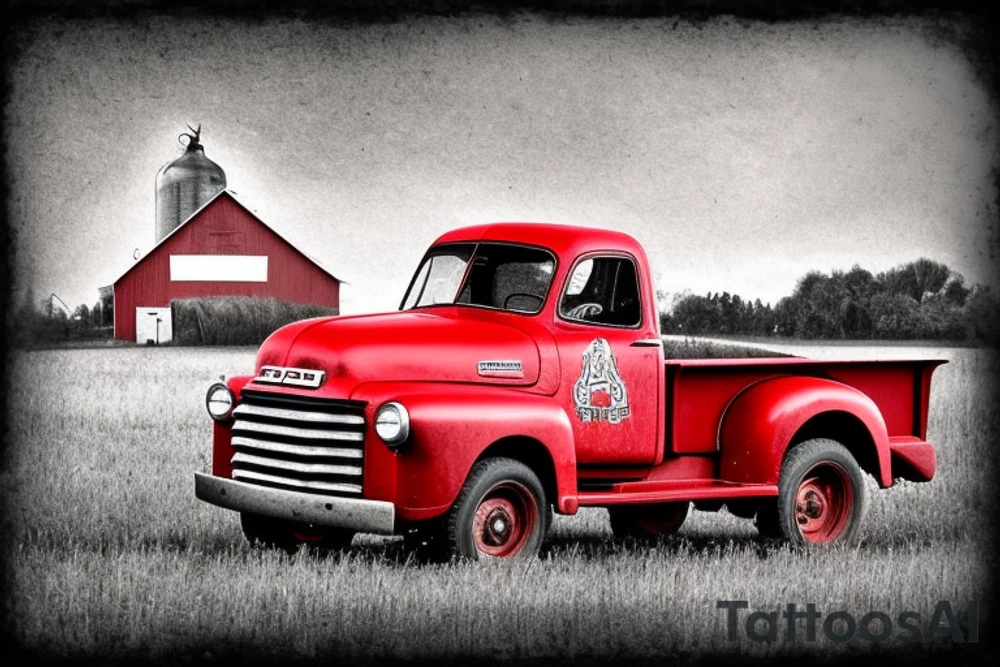 a rustic red and white 1953 GMC farm
truck and a tractor with an old red barn in the background tattoo idea
