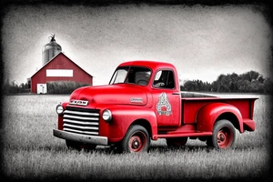 a rustic red and white 1953 GMC farm
truck and a tractor with an old red barn in the background tattoo idea
