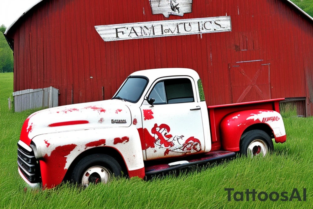 a rustic red and white 1953 GMC farm
truck and a tractor with an old red barn in the background tattoo idea