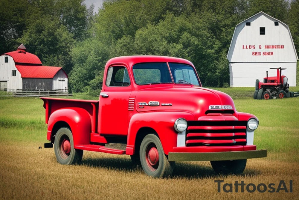 a rustic red and white 1953 GMC farm
truck and a tractor with an old red barn in the background tattoo idea