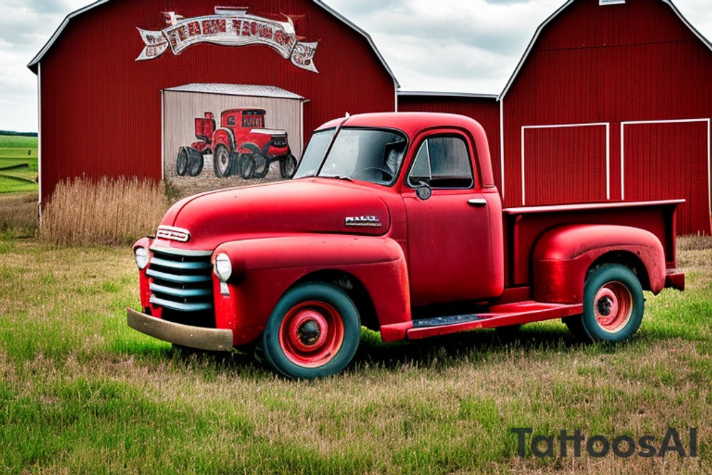 a rustic red and white 1953 GMC farm
truck and a tractor with an old red barn in the background tattoo idea