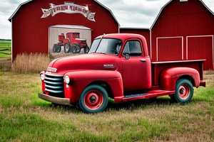 a rustic red and white 1953 GMC farm
truck and a tractor with an old red barn in the background tattoo idea