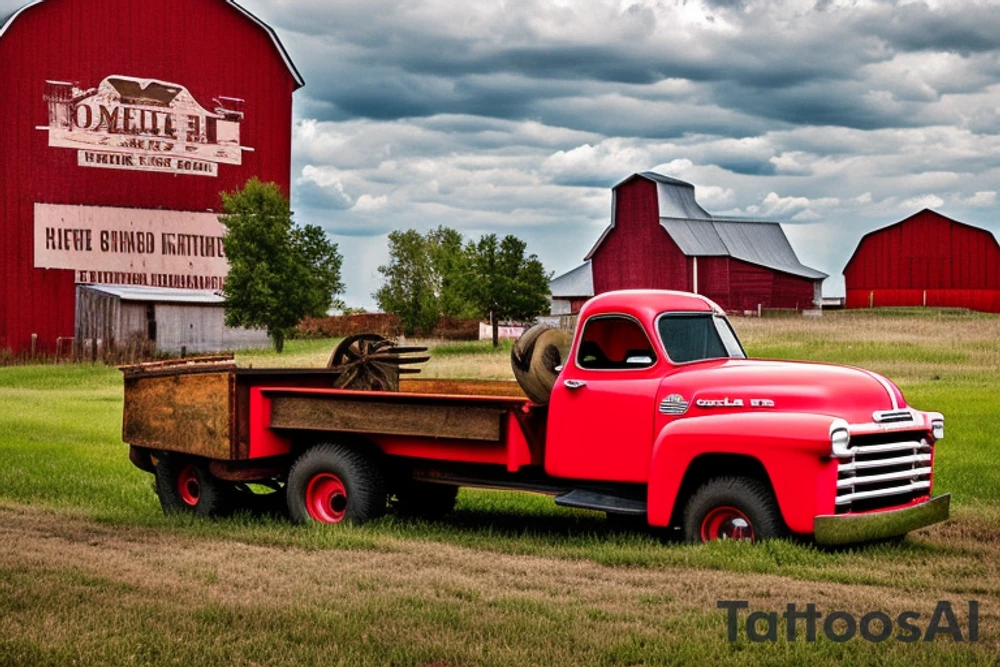 a rustic 1953 GMC farm
truck and a tractor with an old red barn in the background tattoo idea