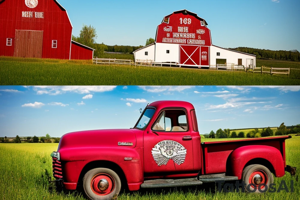 a rustic 1953 GMC farm
truck and a tractor with an old red barn in the background tattoo idea