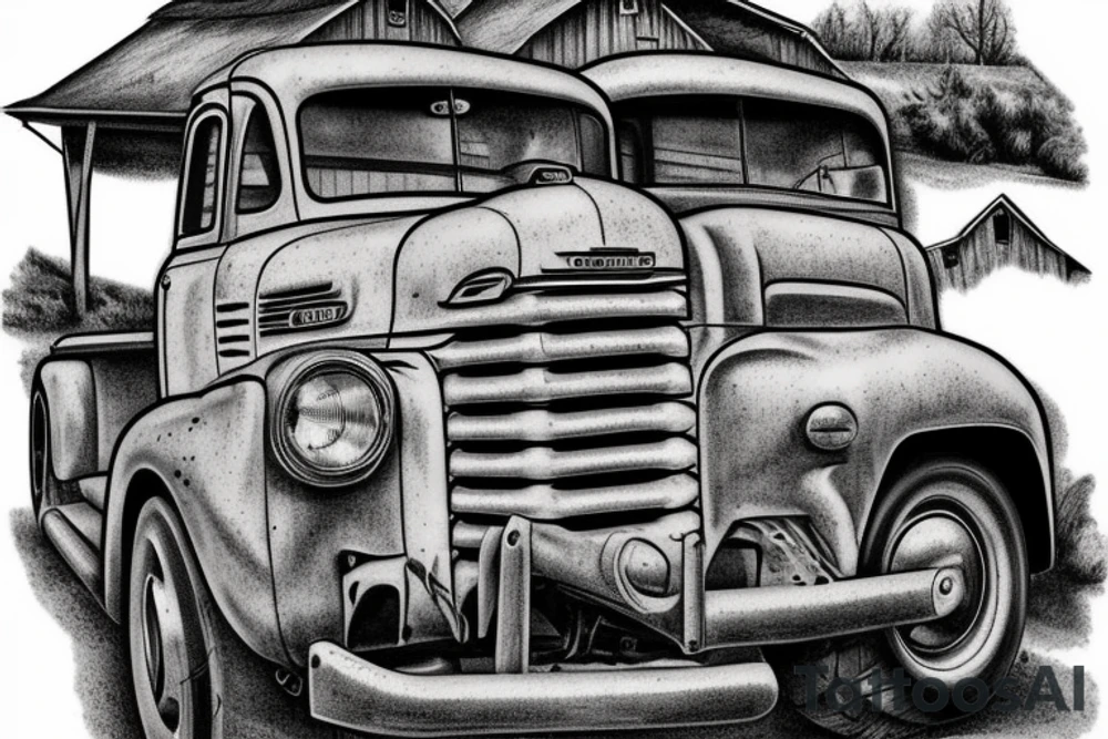 an old red barn, 1953 GMC farm truck half sleeve tattoo tattoo idea