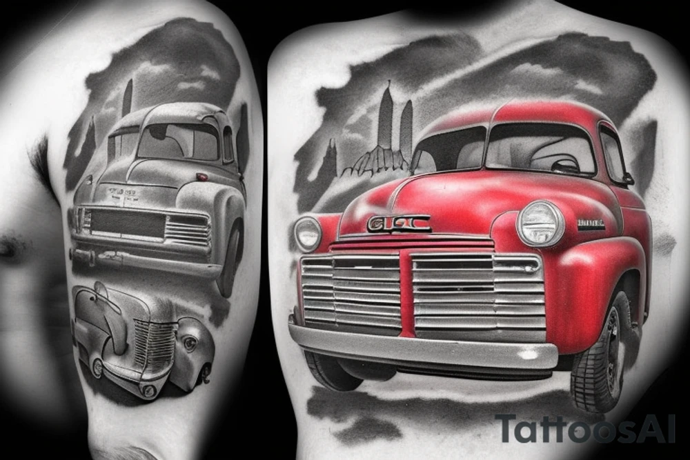 an old red barn, 1953 GMC farm truck half sleeve tattoo tattoo idea