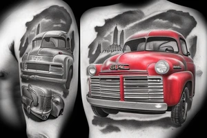 an old red barn, 1953 GMC farm truck half sleeve tattoo tattoo idea