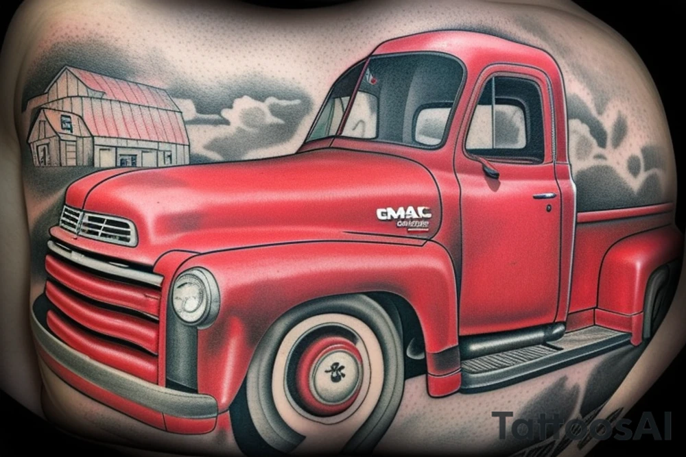 an old red barn, 1953 GMC farm truck half sleeve tattoo on upper right arm tattoo idea