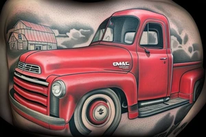an old red barn, 1953 GMC farm truck half sleeve tattoo on upper right arm tattoo idea