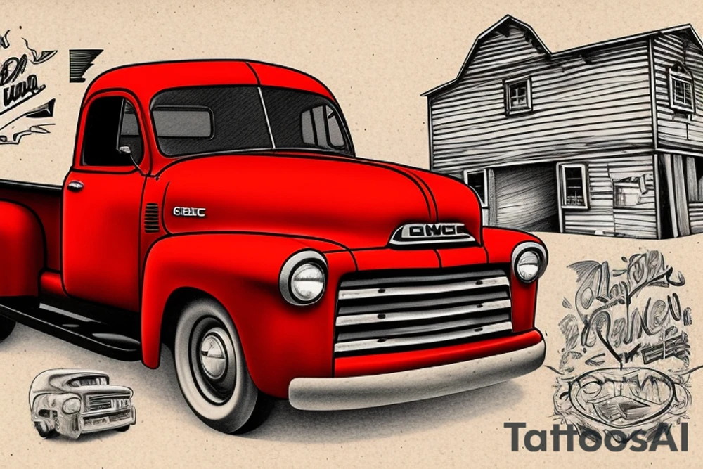 an old red barn, 1953 GMC farm truck half sleeve tattoo on upper right arm tattoo idea