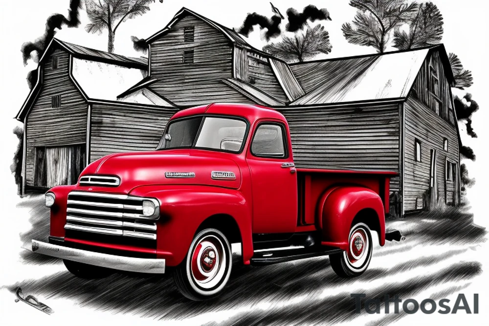 an old red barn, white 1953 GMC farm truck half sleeve tattoo on upper right arm tattoo idea