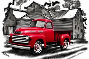 an old red barn, white 1953 GMC farm truck half sleeve tattoo on upper right arm tattoo idea