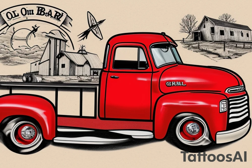 an old red barn, white 1953 GMC farm truck half sleeve tattoo on upper right arm tattoo idea