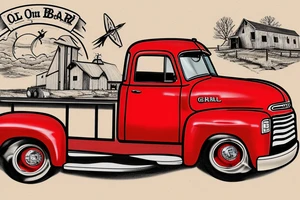 an old red barn, white 1953 GMC farm truck half sleeve tattoo on upper right arm tattoo idea