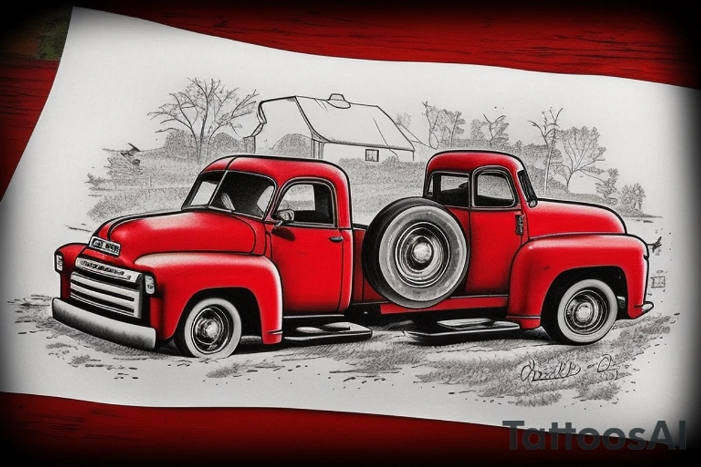 an old red barn, white 1953 GMC farm truck half sleeve tattoo on upper right arm tattoo idea