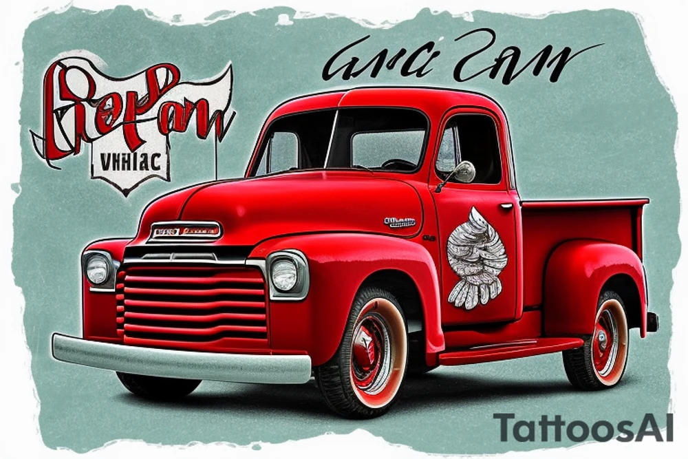 an old red barn, white 1953 GMC farm truck half sleeve tattoo on upper right arm tattoo idea