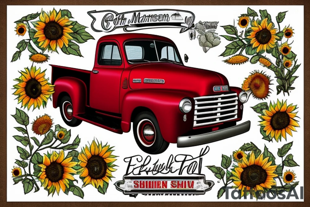 1953 fifth window GMC farm truck, red barn, wheat fields, sunflowers tattoo idea