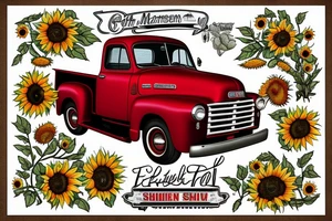 1953 fifth window GMC farm truck, red barn, wheat fields, sunflowers tattoo idea