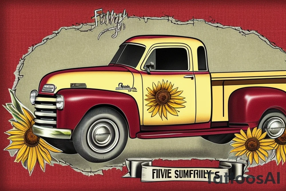 1953 fifth window GMC farm truck, red barn, wheat fields, sunflowers tattoo idea