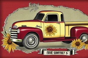 1953 fifth window GMC farm truck, red barn, wheat fields, sunflowers tattoo idea