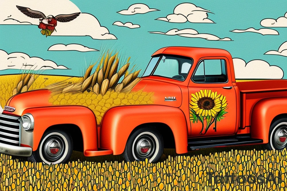 1953 fifth window GMC farm truck, red barn, wheat fields, sunflowers tattoo idea