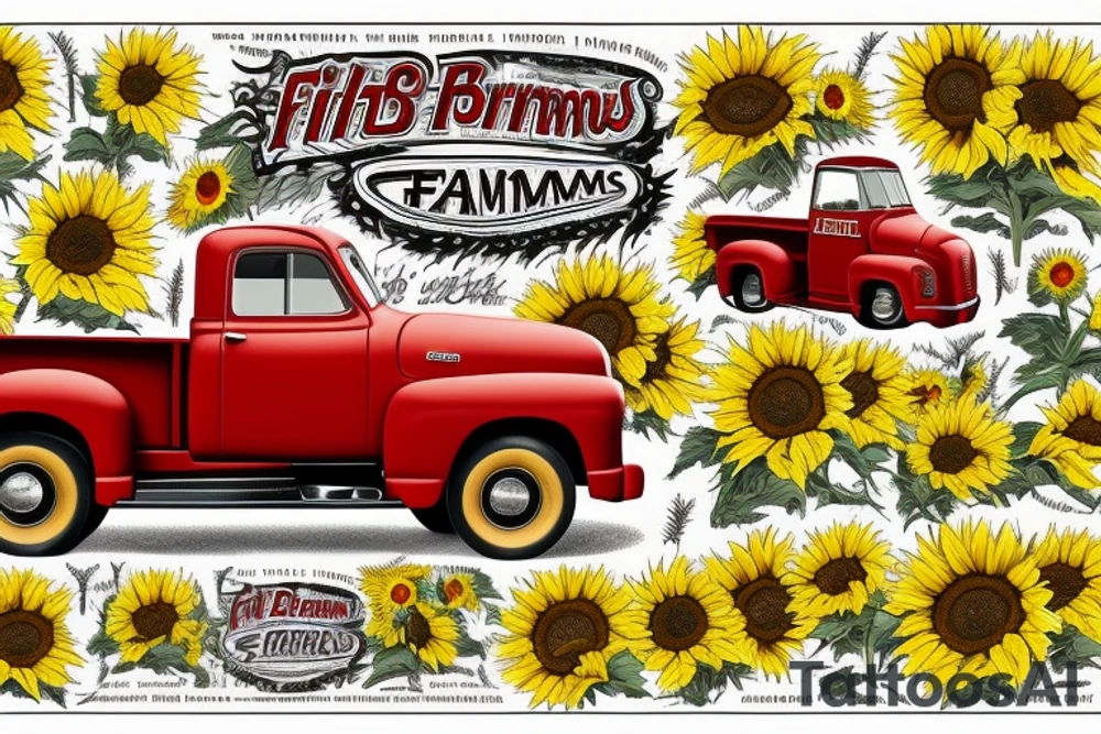 1953 fifth window GMC farm truck, red barn, wheat fields, sunflowers tattoo idea