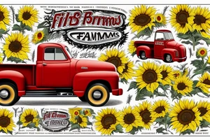 1953 fifth window GMC farm truck, red barn, wheat fields, sunflowers tattoo idea