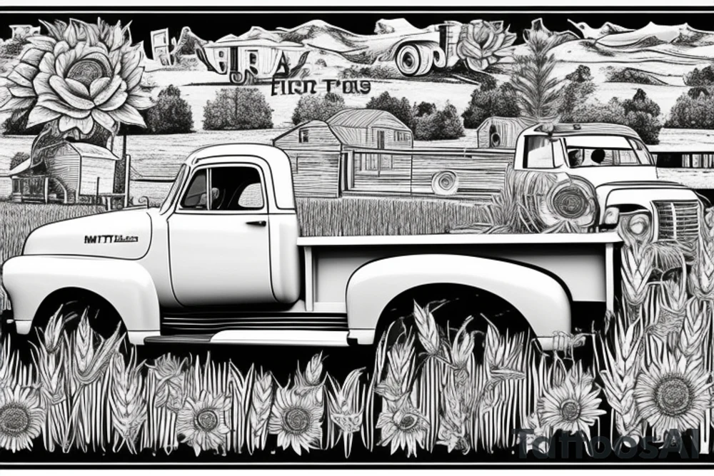 1953 fifth window GMC farm truck, red barn, wheat fields, sunflower tattoo idea