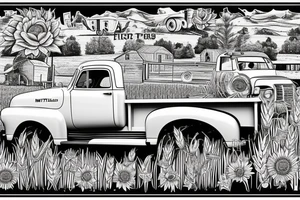1953 fifth window GMC farm truck, red barn, wheat fields, sunflower tattoo idea