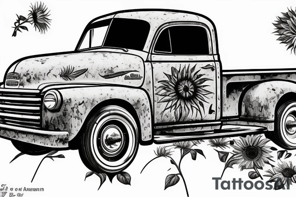 1953 fifth window GMC farm truck, red barn, wheat fields, giant sunflower tattoo idea
