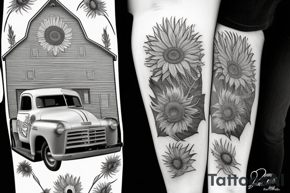 1953 fifth window GMC farm truck, red barn, wheat fields, giant sunflower tattoo idea