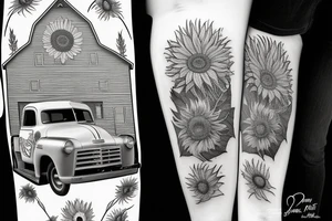 1953 fifth window GMC farm truck, red barn, wheat fields, giant sunflower tattoo idea