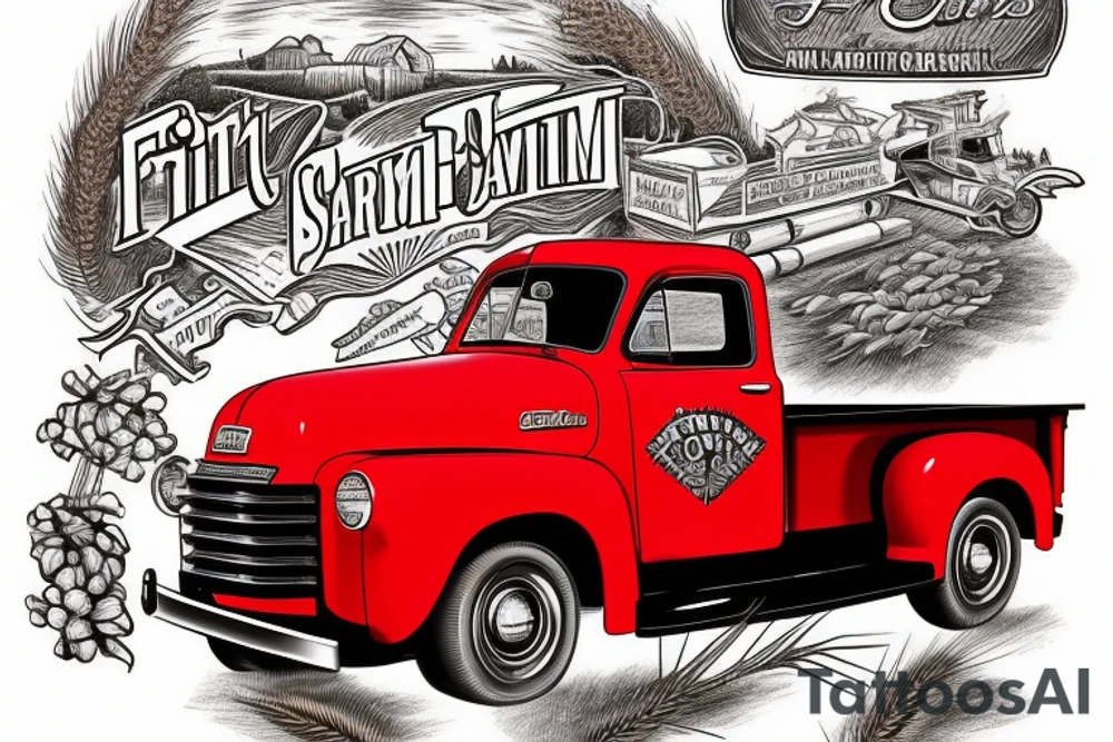 1953 fifth window GMC farm truck, red barn, wheat field tattoo idea