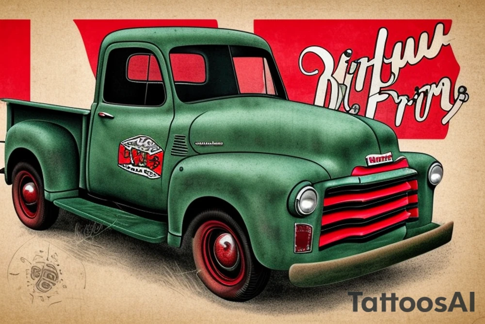 rustic 1953 fifth window GMC farm truck, red barn tattoo idea