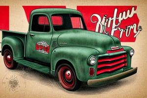 rustic 1953 fifth window GMC farm truck, red barn tattoo idea