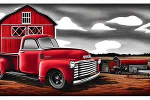 rustic 1953 fifth window GMC farm truck with chrome wheels with a red barn in background tattoo idea