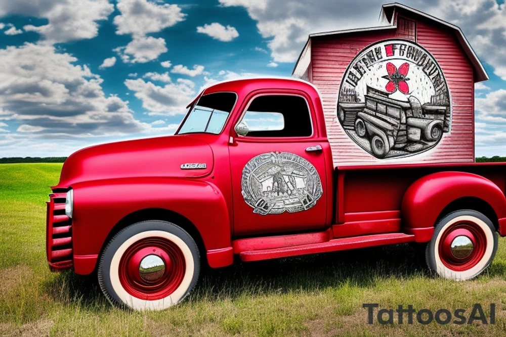 rustic 1953 fifth window GMC farm truck with chrome wheels with a red barn in background tattoo idea