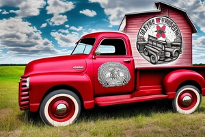 rustic 1953 fifth window GMC farm truck with chrome wheels with a red barn in background tattoo idea