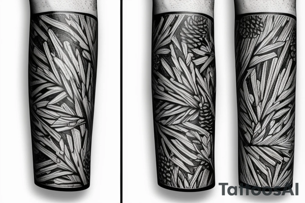 wood grain sleeve with pinecone and the name 'elliott' tattoo idea