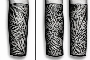 wood grain sleeve with pinecone and the name 'elliott' tattoo idea