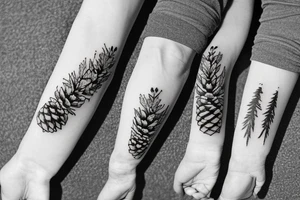 wood grain sleeve with pinecone and the name 'elliott' tattoo idea