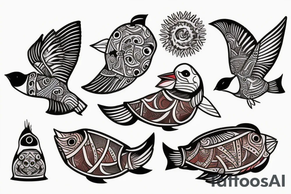 Puffin bird mola style color tattoo idea